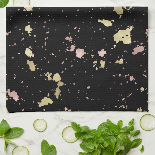 Matte Gold and Rose Gold Flakes Black Kitchen Towel (Folded)