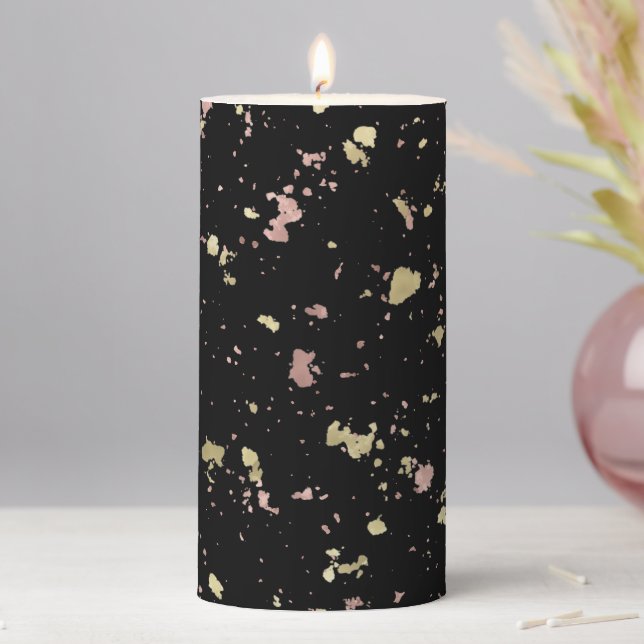 Matte Gold and Rose Gold Flakes Black Pillar Candle (In Situ)