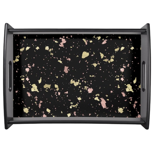 Matte Gold and Rose Gold Flakes Black Serving Tray (Front)