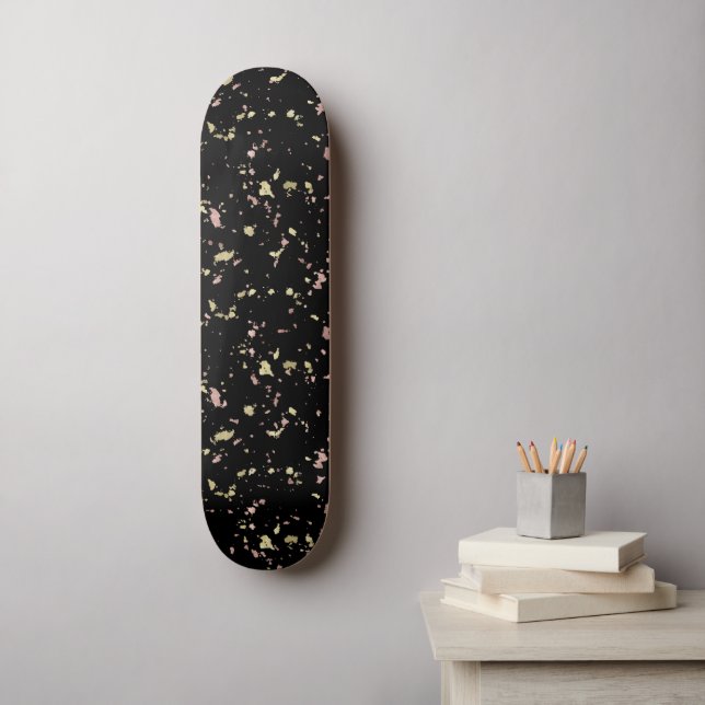 Matte Gold and Rose Gold Flakes Black Skateboard (Wall Art)