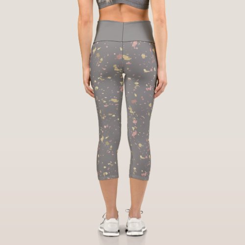 Matte Gold and Rose Gold Flakes Dark Warm Gray Capri Leggings