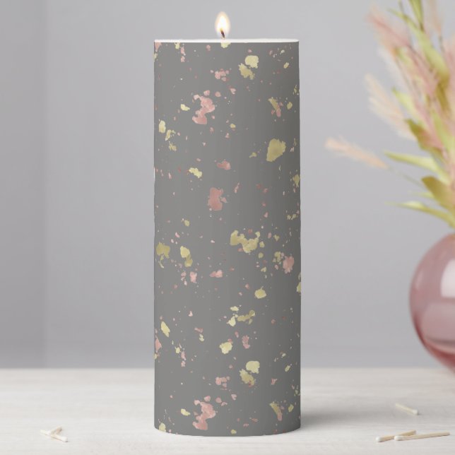 Matte Gold and Rose Gold Flakes Warm Dark Gray Pillar Candle (In Situ)