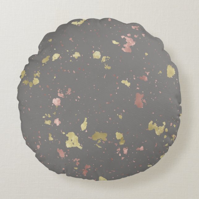 Matte Gold and Rose Gold Flakes Warm Dark Gray Round Pillow (Front)