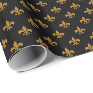 Matte Gold Fleur-de-lis on Black Wrapping Paper