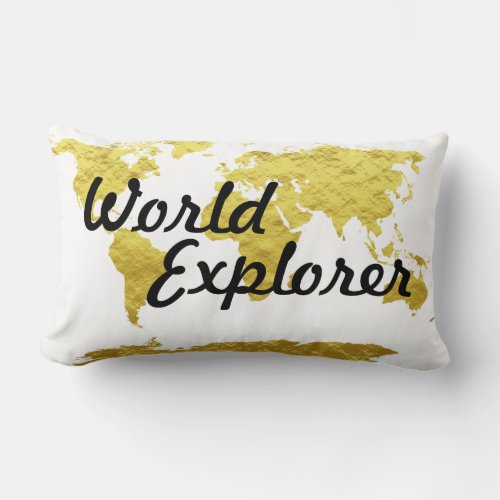 Matte Gold Look World Explorer World Map Lumbar Pillow