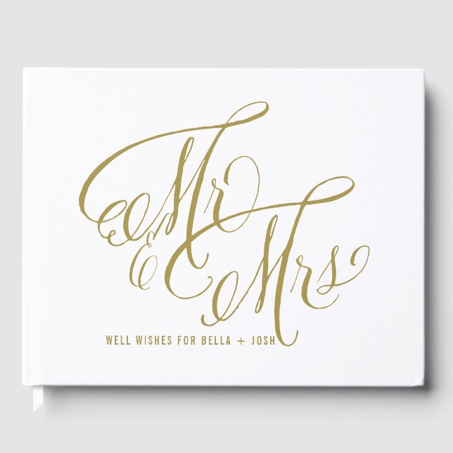Matte Gold Mr. & Mrs. Elegant Script Wedding Guest Book (Front)