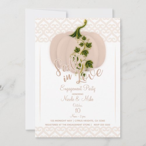 Matte Pink Pumpkin FALL IN LOVE Heart Engagement Invitation