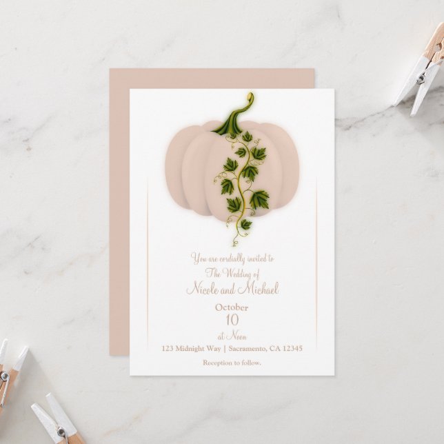 Matte Pink Pumpkin Storybook Fall Wedding   Invitation (Front/Back In Situ)