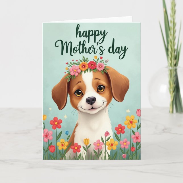 Matte Puppy Flowers Springtime Card (Front)