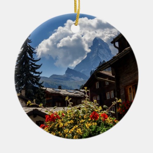 Matterhorn and Zermatt village houses Switzerland Ceramic Ornament