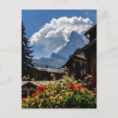 Matterhorn and Zermatt village houses Switzerland Postcard