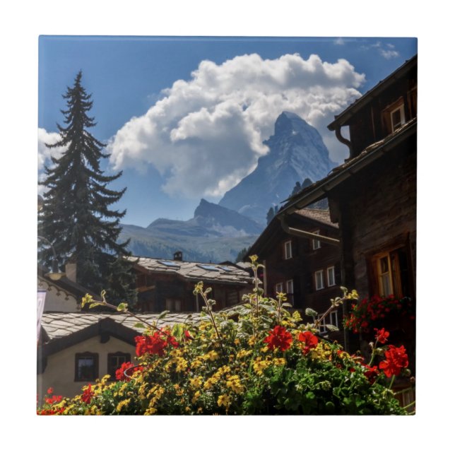 Matterhorn and Zermatt village houses, Switzerland Tile (Front)
