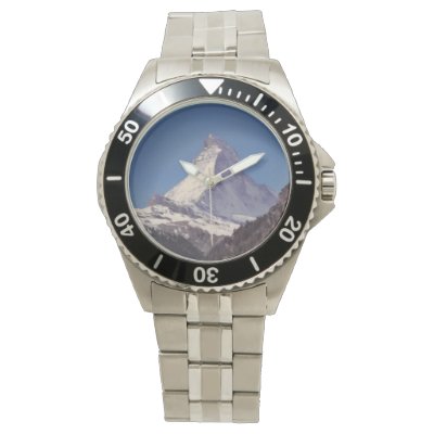 Our best seller. This classic stainless steel wristwatch features the Matterhorn in the Alps and Switzerland.