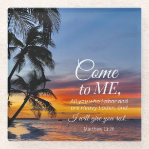 Matthew 11:28 Bible Verse Palm Trees Sunset Glass Coaster