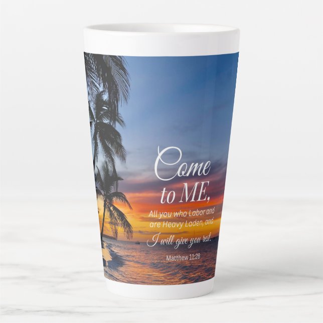 Matthew 11:28 Bible Verse Palm Trees Sunset  Latte Mug (Front)
