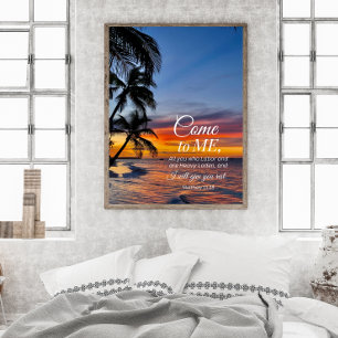 Matthew 11:28 Bible Verse Palm Trees Sunset  Poster