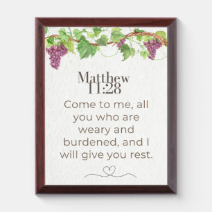 Matthew 11:28 Come to Me Scripture Grapevine Award Plaque