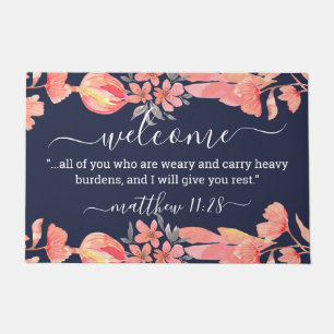 Matthew 11:28 Coral Navy Blue Floral Watercolor Doormat