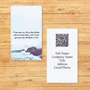 Matthew 11:28 Ocean Red Sunset QR code Business Card
