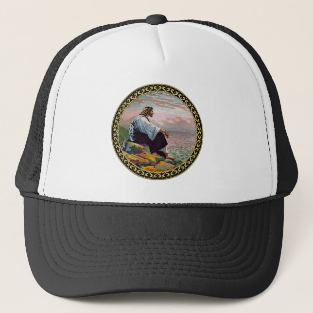Matthew 14:22-23 Jesus Prays by Himself by the sea Trucker Hat (Front)