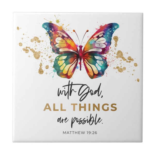 Matthew 19:26 All Things are Possible Butterfly Ceramic Tile (Front)