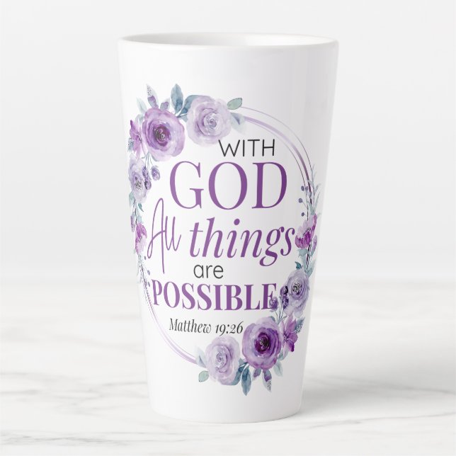 Matthew 19:26 Possible with God Purple Floral Latte Mug (Front)
