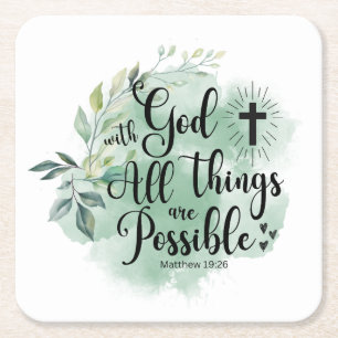 Matthew 19:26 With God all things Possible Leaf Square Paper Coaster