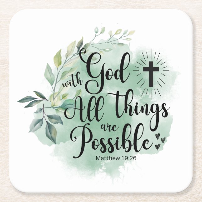 Matthew 19:26 With God all things Possible Leaf Square Paper Coaster (Front)