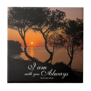 Matthew 28:20 I Am with You Always Golden Sunset Ceramic Tile