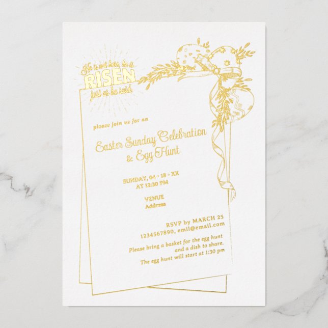 Matthew 28:6 He Is Risen Religious Easter Eggs Foil Invitation (Front)