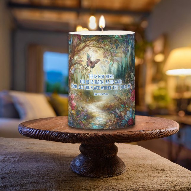 Matthew 28:6 Scripture Elegant Stained Glass  Pillar Candle (Creator Uploaded)