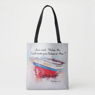 Matthew 4:19 Jesus said Follow Me Bible Verse Tote Bag