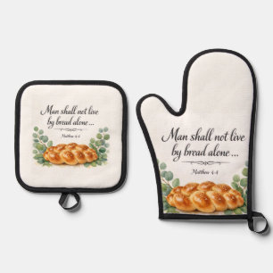 Matthew 4:4 Challah Board, Messianic Jewish Gift Oven Mitt & Pot Holder Set