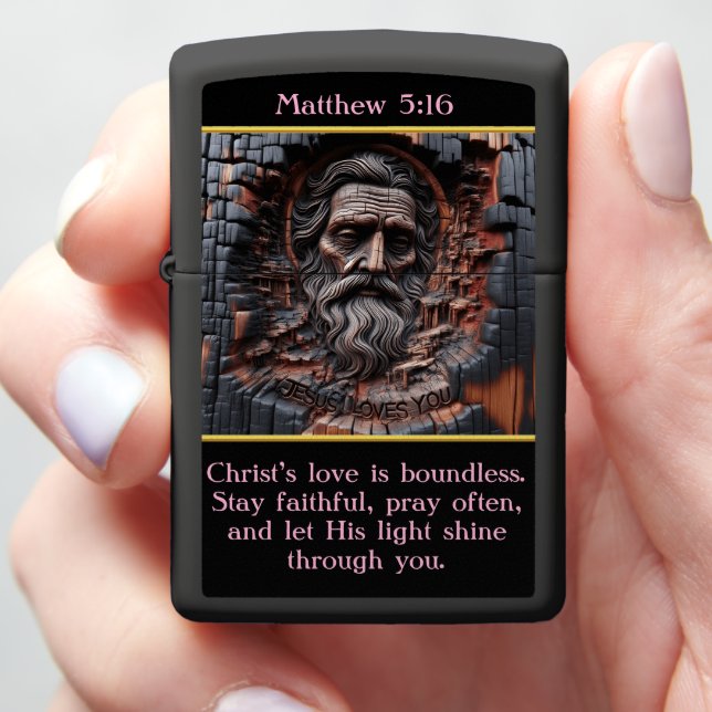 Matthew 5:16 Intricate Spiritual Wood Carving Zippo Lighter (In Hand)