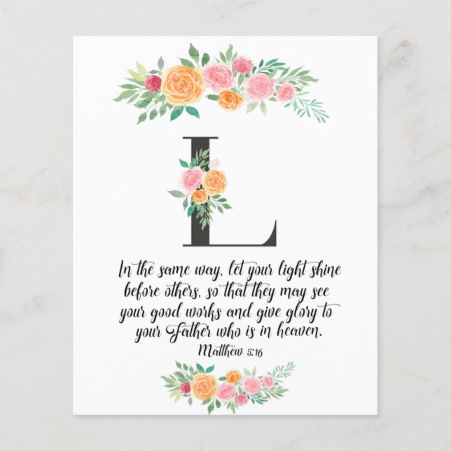 Matthew 5:16, Letter L, watercolor scripture card (Front)