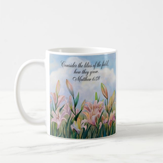 Matthew 6:28 Watercolor Lilies Coffee Mug (Left)