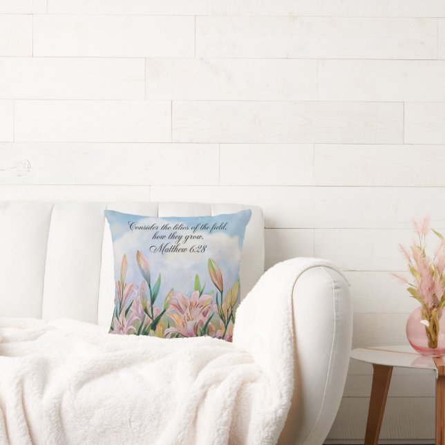 Matthew 6:28 Watercolor Lilies Throw Pillow (Couch)