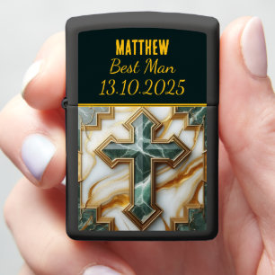 Matthew: Best Man, Cross, Green Marble Zippo Lighter