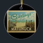 Matunuck Beach Vintage Travel Ceramic Ornament<br><div class="desc">This Greetings From Matunuck vintage postcard design features a sandy beach with a beautiful turquoise ocean water and above the sea,  a blue sky with billowy white clouds. In vintage travels style.</div>