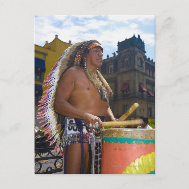 Mature man playing drums with drumstick, Zocalo, Postcard (Front)