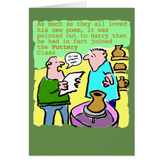 Mature Student Reads a Poem in the Pottery Class Cards (Front)