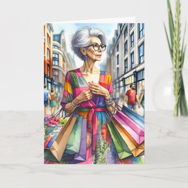 Mature Woman With Shopping Bags Birthday Card (Front)