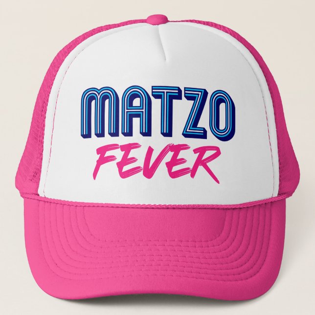  Matzo Fever Blue Pink 70s Jewish Retro Slogan Trucker Hat (Front)