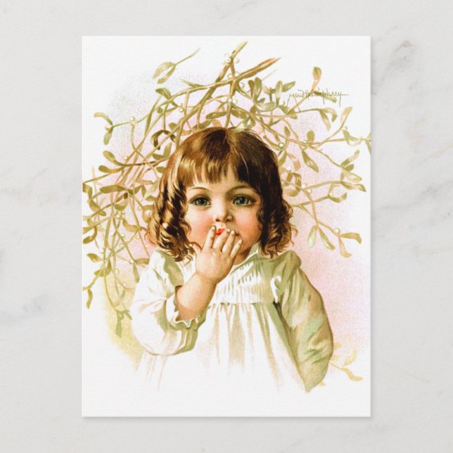 Maud Humphrey: Winter Girl under Mistletoe Postcard (Front)