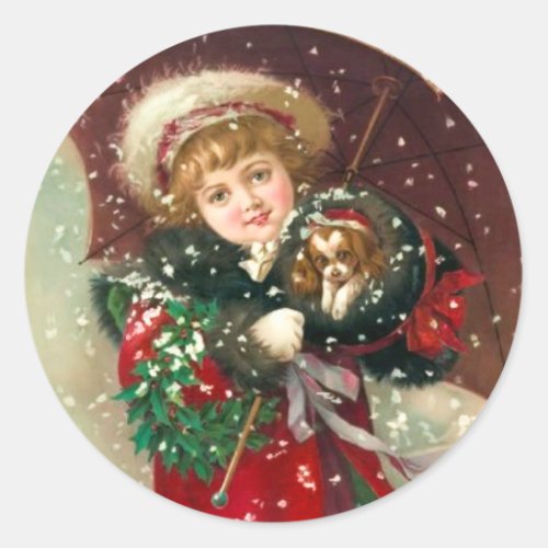 Maud Humphreys Winter Girl with dog Classic Round Sticker