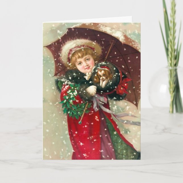 Maud Humphrey's Winter Girl with dog Holiday Card (Front)