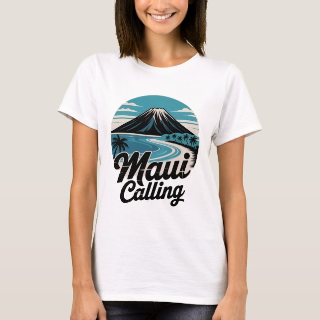 Maui Calling – Retro Hawaiian Sunset Beach T-Shirt (Front)