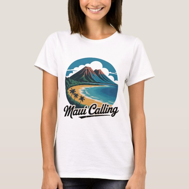 Maui Calling – Retro Hawaiian Sunset Beach T-Shirt (Front)