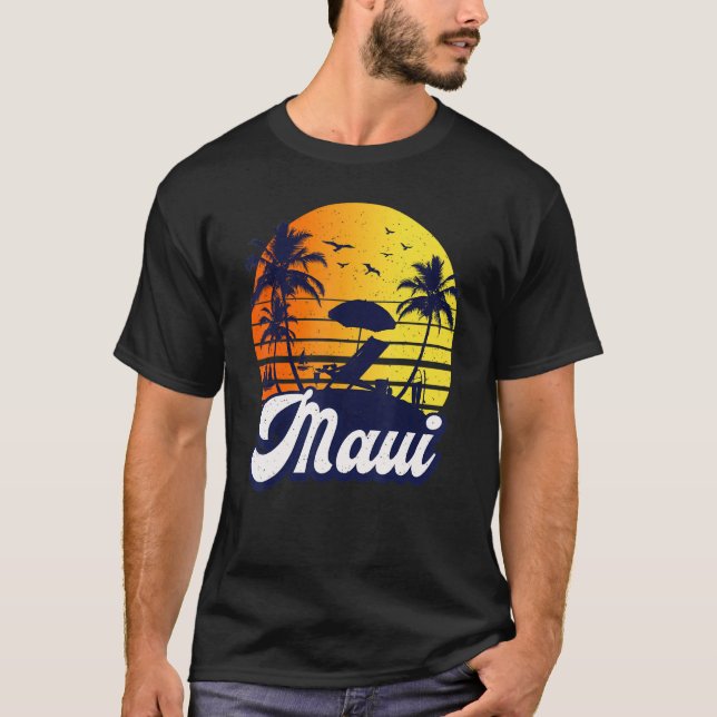 Maui Hawaii Hawaiian Sunset Beach Retro T-Shirt (Front)