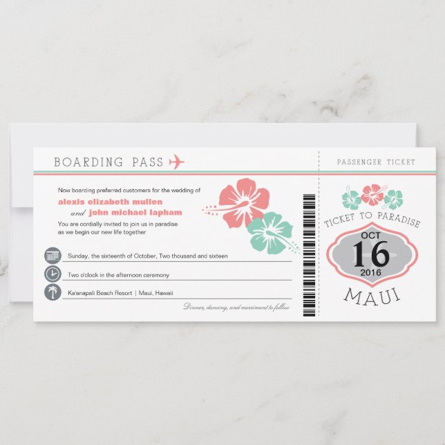 Maui Hawaii Hibiscus Boarding Pass Wedding Invitation (Front)